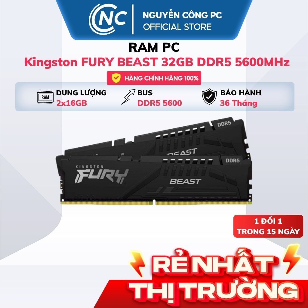 RAM Kingston FURY BEAST 32GB DDR5 5600MHz (2x16GB, KF556C40BBK2-32WP) - BH 36 tháng