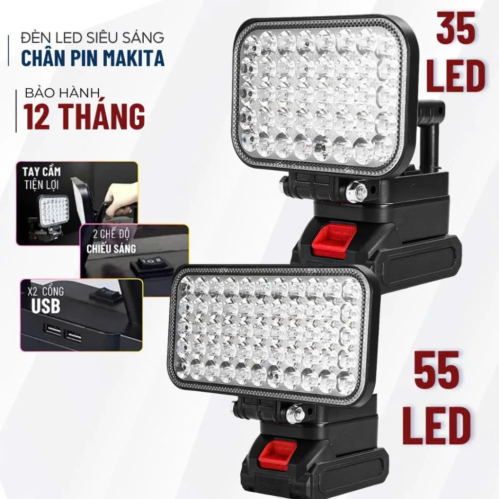 Đèn LED Siêu Sáng 35-55 LED Sử Dụng PIN Tích Điện Với 2 Chế Độ Sáng, Có Cổng Sạc Điện Thoại USB, PIN 10CELL+20CELL