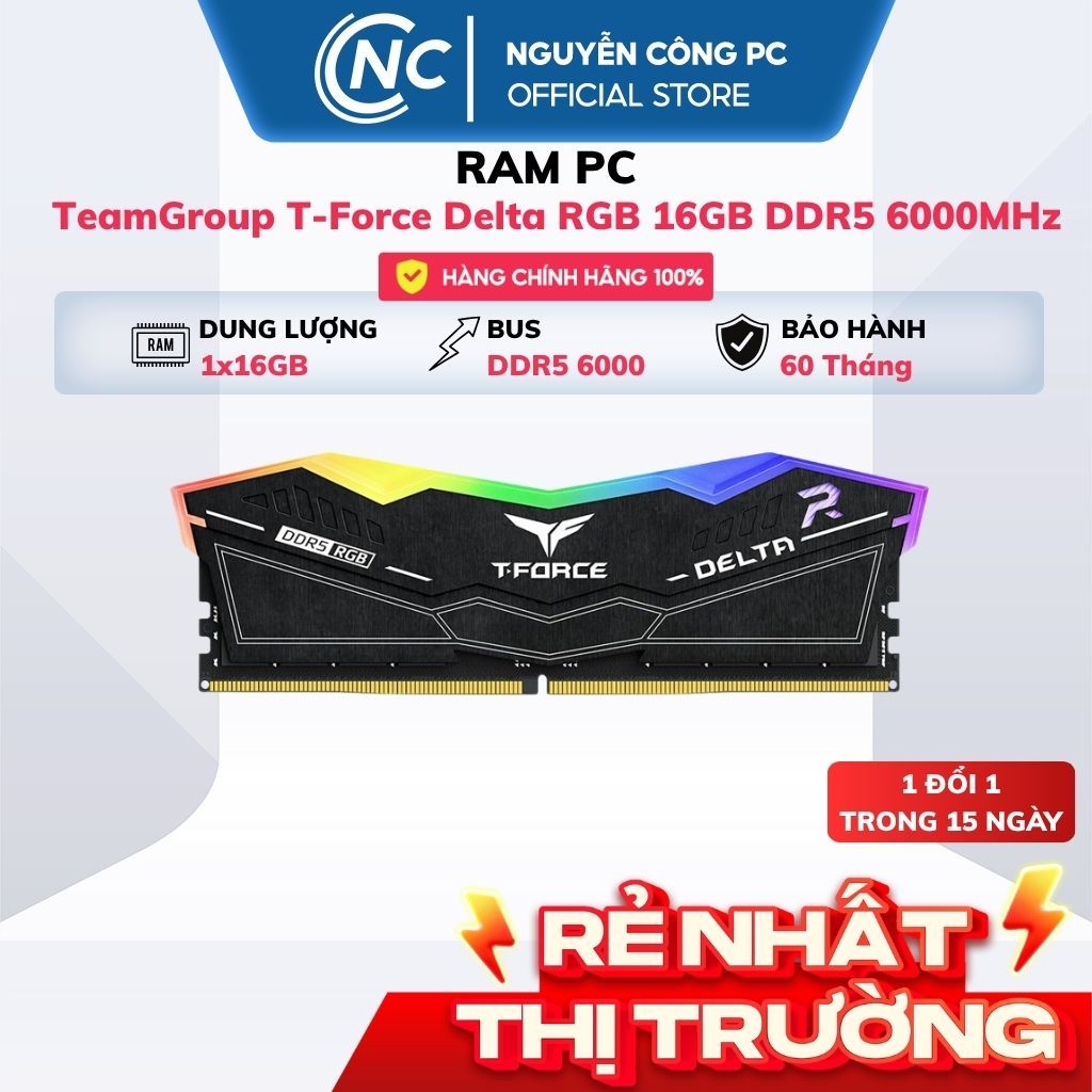 RAM TeamGroup T-Force Delta RGB 16GB DDR5 6000MHz - Black - BH 60 tháng