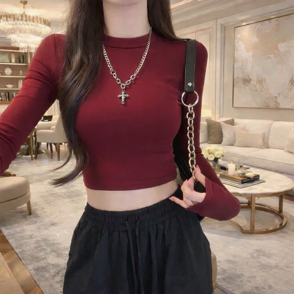 PQ01-Áo Thun croptop nữ tay dài cổ lọ ôm body chất bozip PQ Store Freesize 42-52kg | BigBuy360 - bigbuy360.vn