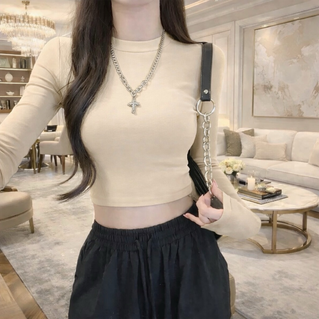PQ01-Áo Thun croptop nữ tay dài cổ lọ ôm body chất bozip PQ Store Freesize 42-52kg | BigBuy360 - bigbuy360.vn