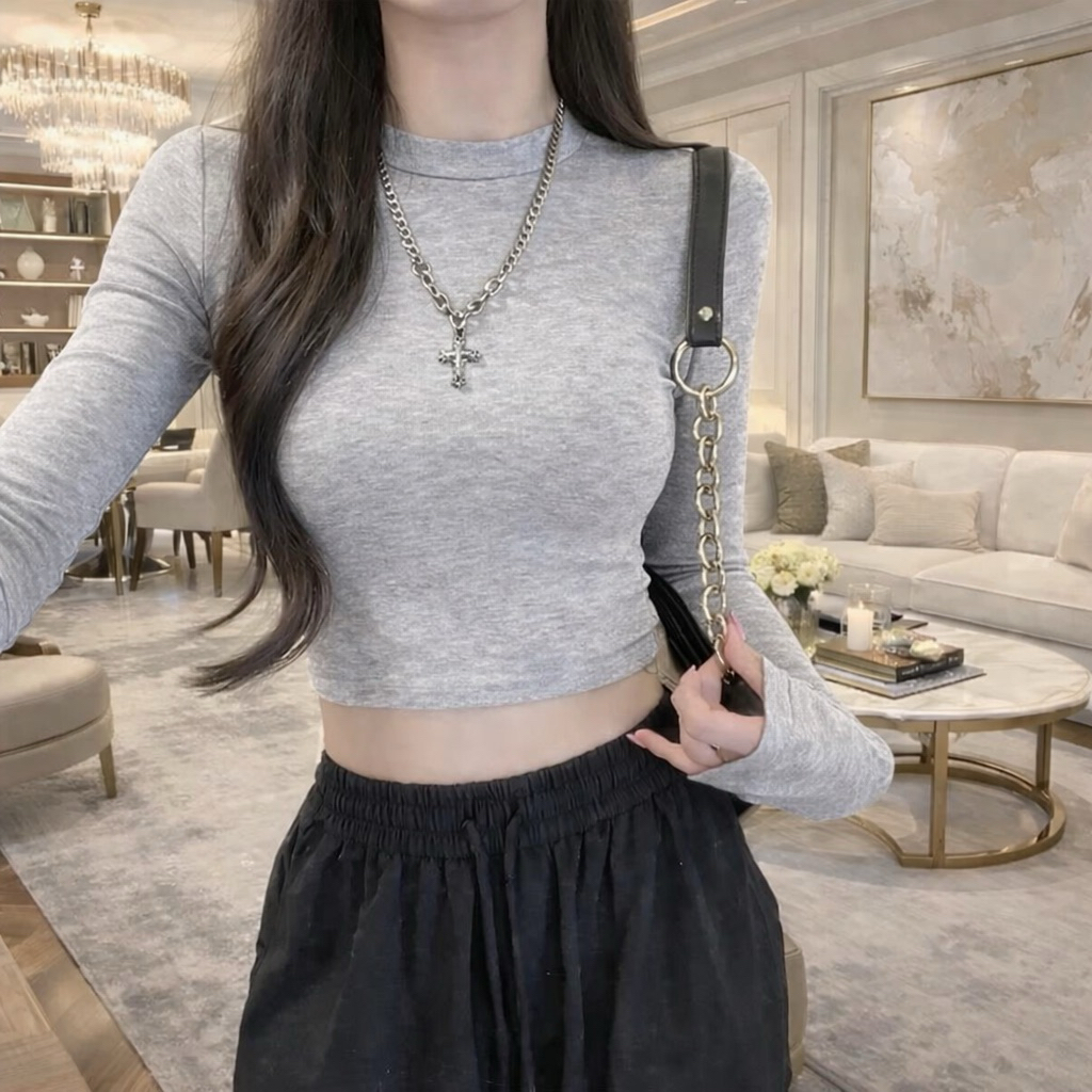 PQ01-Áo Thun croptop nữ tay dài cổ lọ ôm body chất bozip PQ Store Freesize 42-52kg | BigBuy360 - bigbuy360.vn