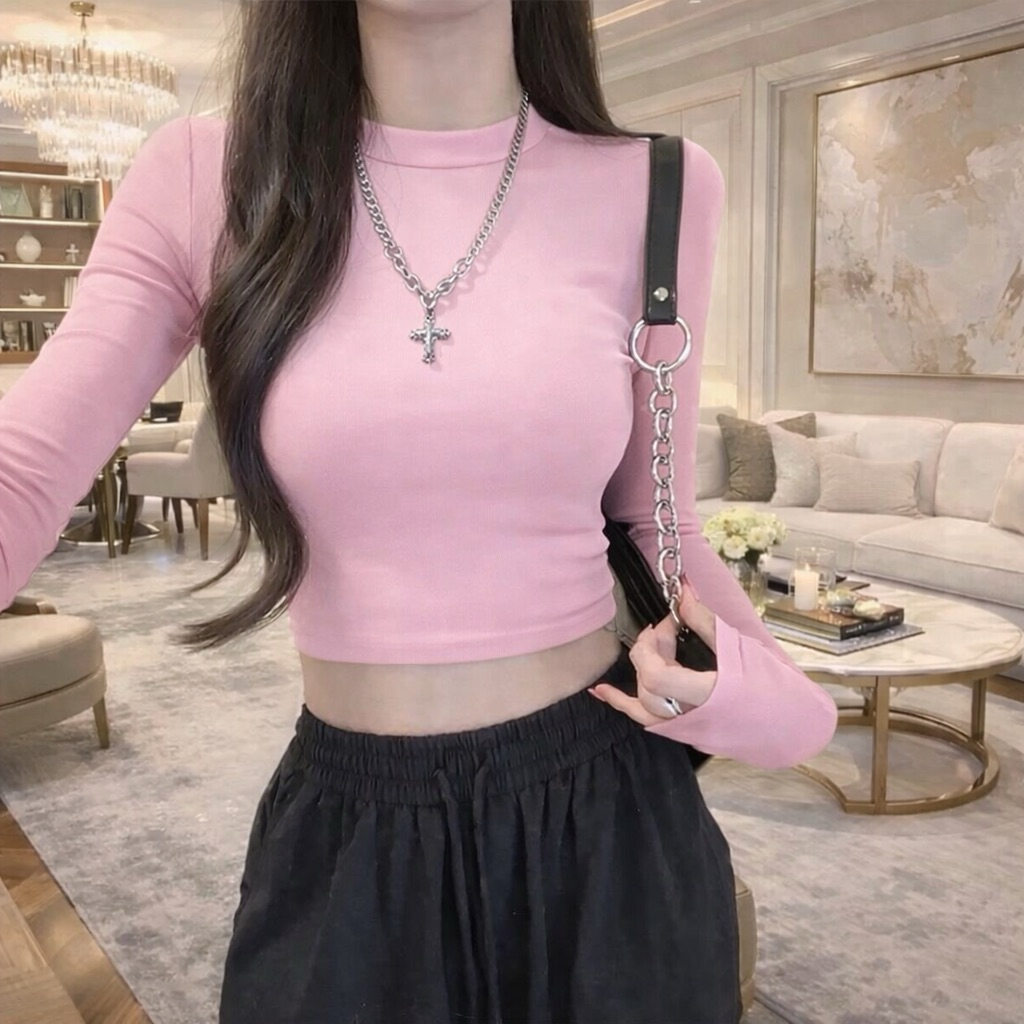 PQ01-Áo Thun croptop nữ tay dài cổ lọ ôm body chất bozip PQ Store Freesize 42-52kg | BigBuy360 - bigbuy360.vn