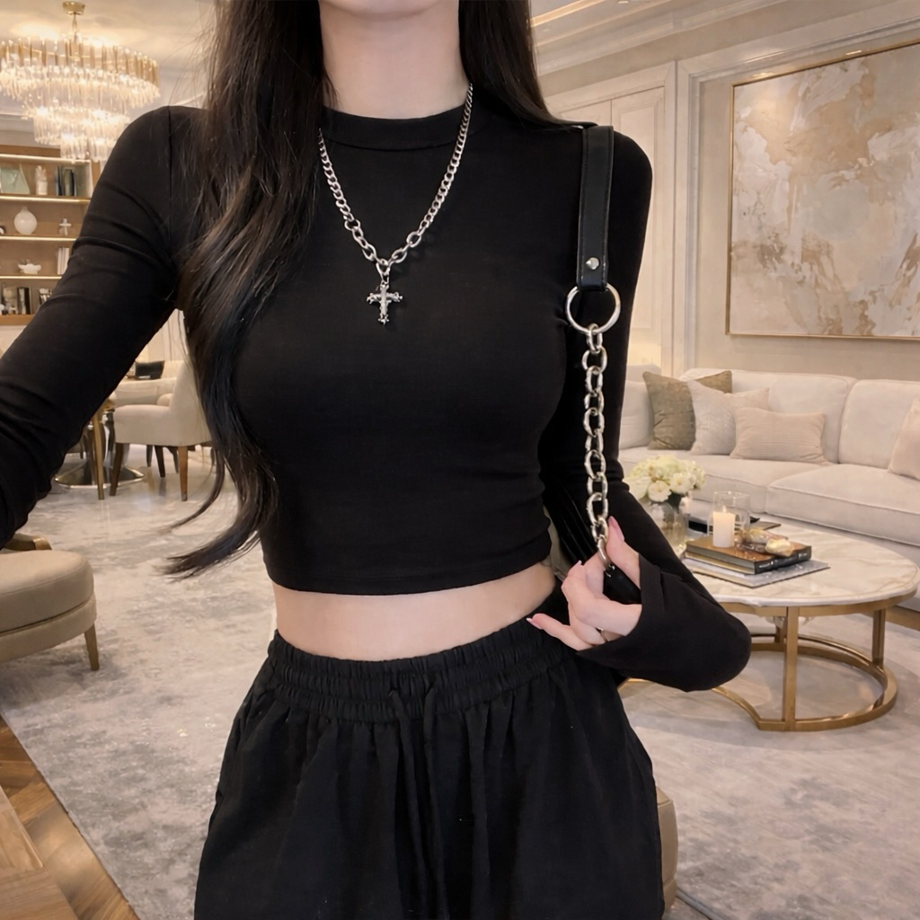 PQ01-Áo Thun croptop nữ tay dài cổ lọ ôm body chất bozip PQ Store Freesize 42-52kg