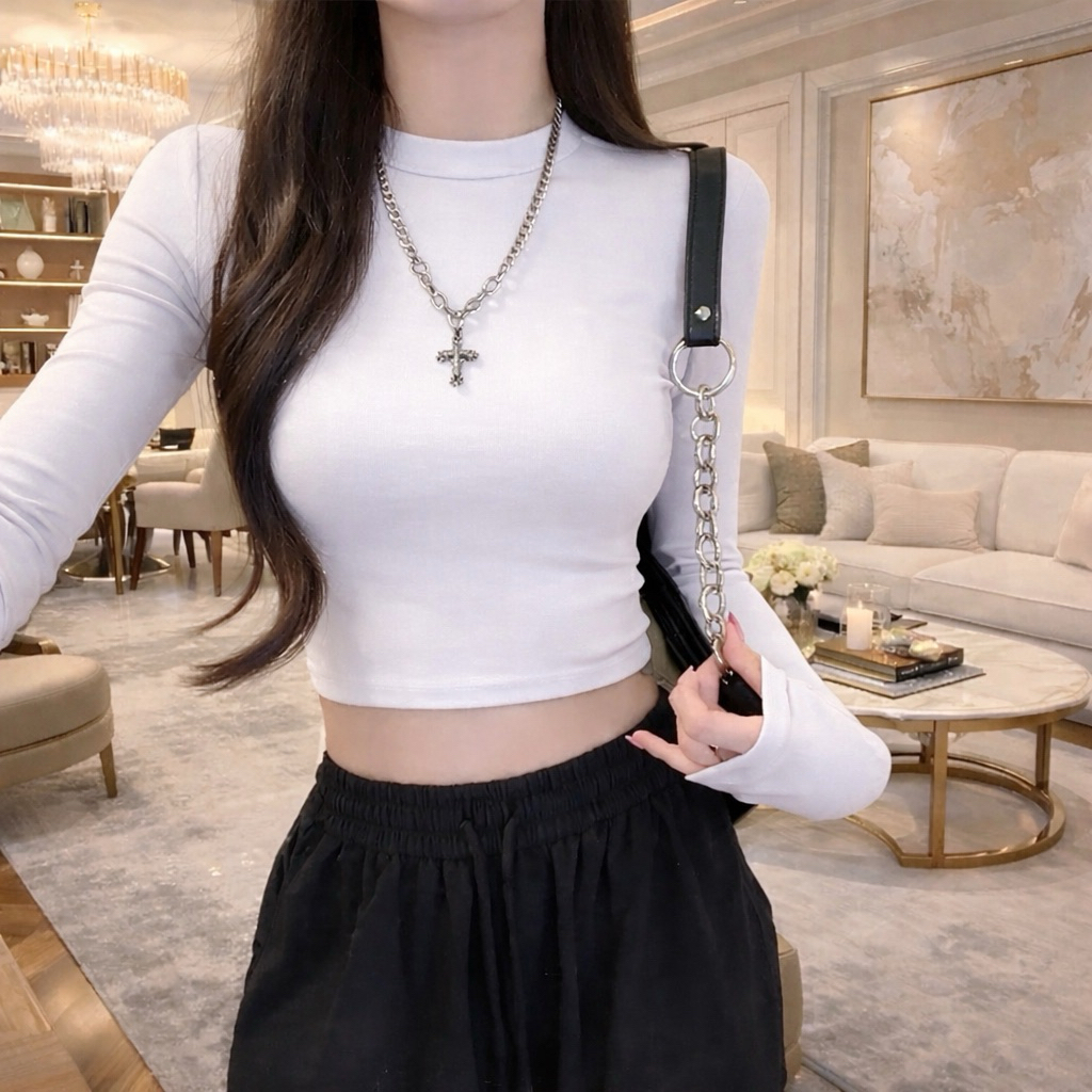 PQ01-Áo Thun croptop nữ tay dài cổ lọ ôm body chất bozip PQ Store Freesize 42-52kg | BigBuy360 - bigbuy360.vn