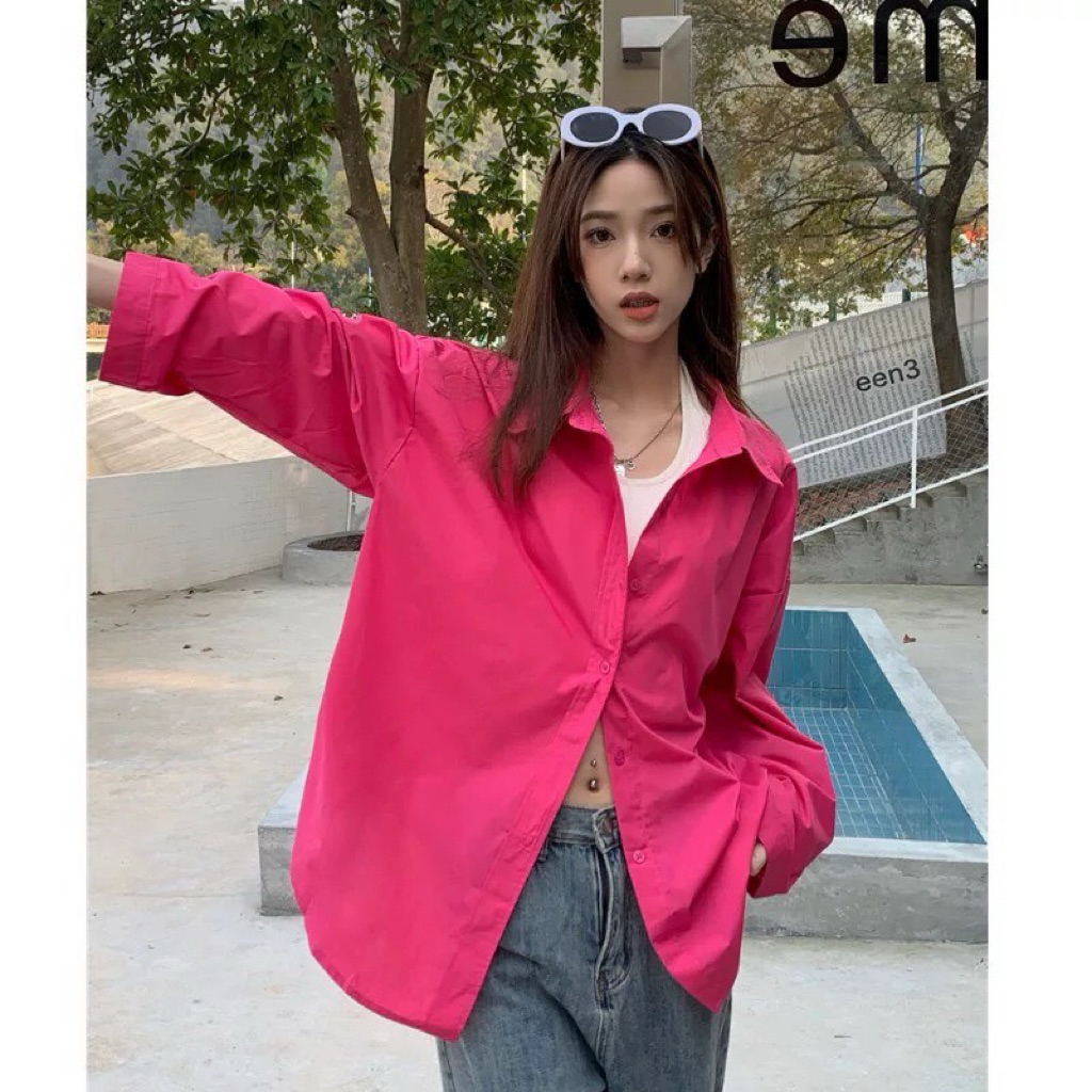 Áo sơ mi from rộng dài tay hồng sen nữ vải đũi