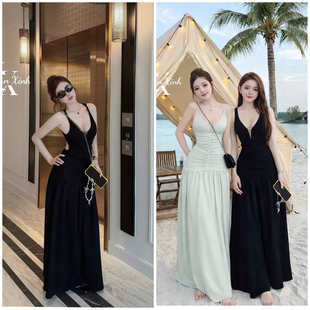 Váy Maxi 2 Dây Xoẳn Vai nhún Eo hở lưng dáng dài