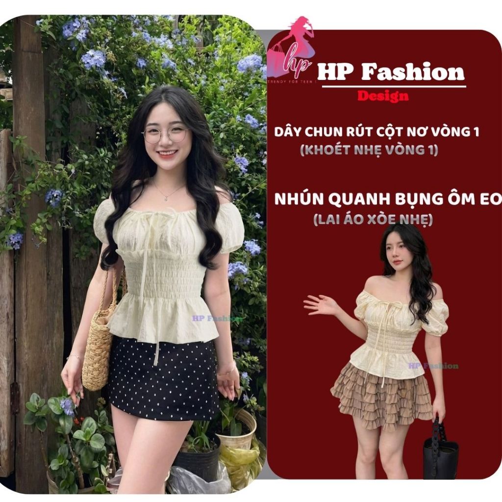 Áo trễ bệt vai ôm  body tùng xòe nhún eo, áo kiểu nữ vải xốp nhăn mùa hè đi biển size S M L XL 2XL 3XL  có bigsize HP108 | BigBuy360 - bigbuy360.vn