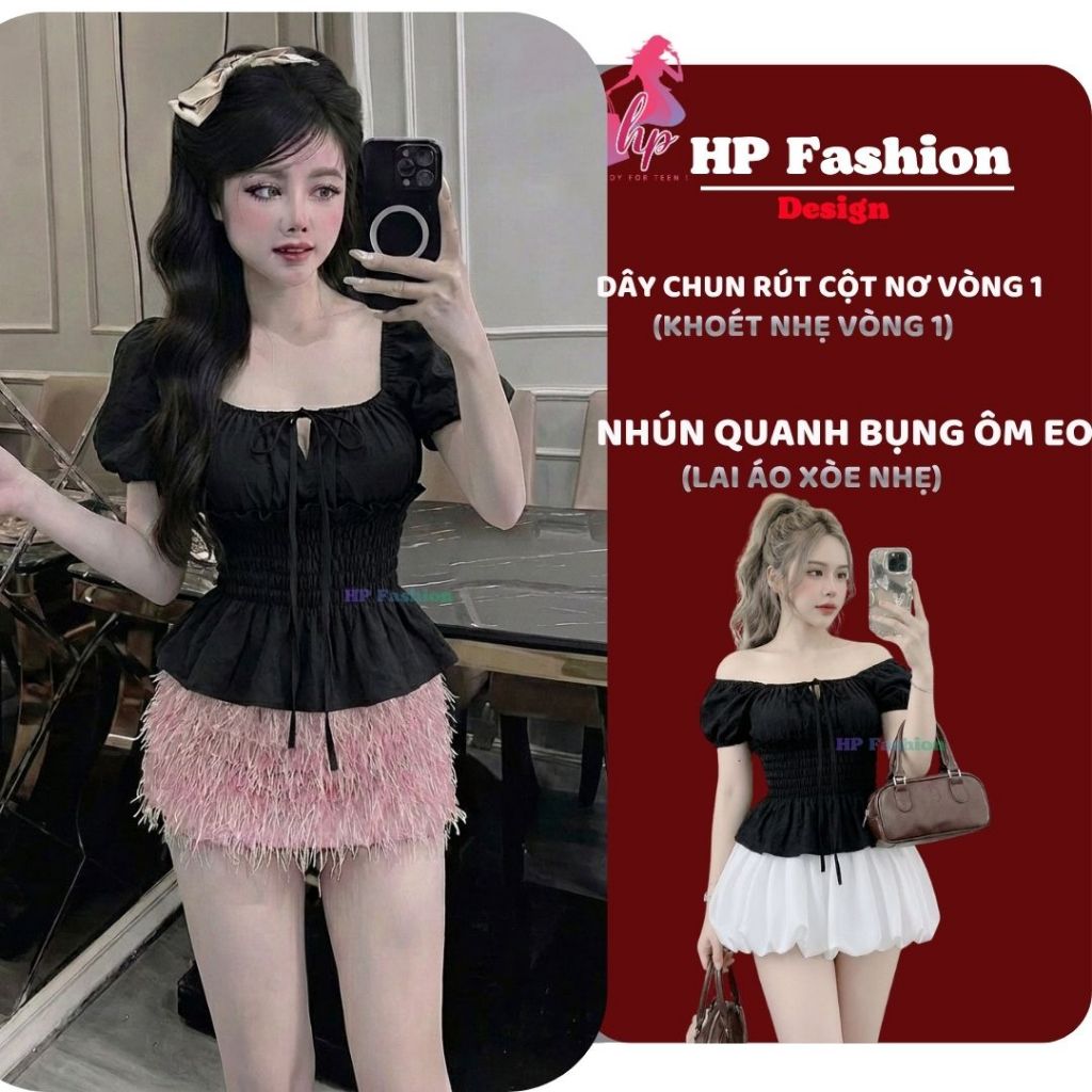 Áo trễ bệt vai ôm  body tùng xòe nhún eo, áo kiểu nữ vải xốp nhăn mùa hè đi biển size S M L XL 2XL 3XL  có bigsize HP108 | BigBuy360 - bigbuy360.vn