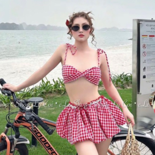 Set Bikini 3 Chi Tiết LUHAZO Áo Buộc Dây Ngực Quần Tam Giác Buộc Dây Điều Chình Kèm Khăn Quấn Nhiều 