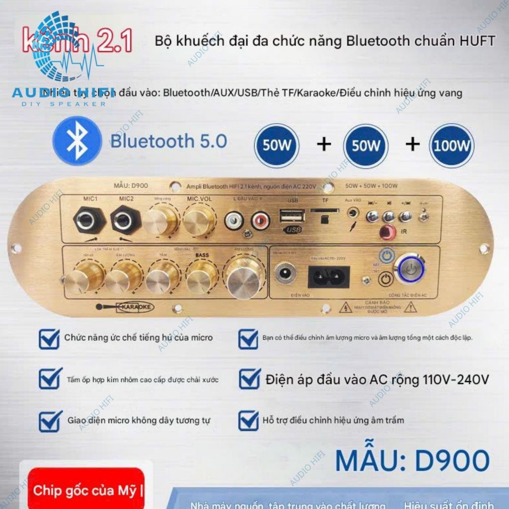 D900 - Mạch khuyếch đại âm thanh 2.1 Karaoke Bluetooth 100W+50W*2 kèm phụ kiện