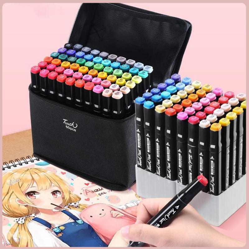 Bút marker hộp 60 cây Bút marker vẽ graffiti Bút màu dạ marker 2 đầu Set bút marker đa màu