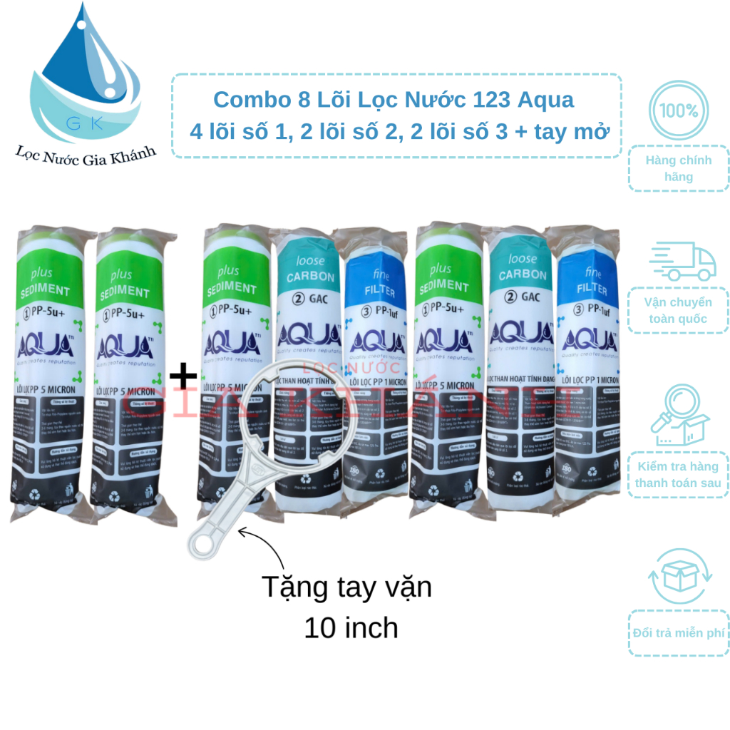 Combo 8 Lõi Lọc Nước Aqua tặng kèm tay mở cốc