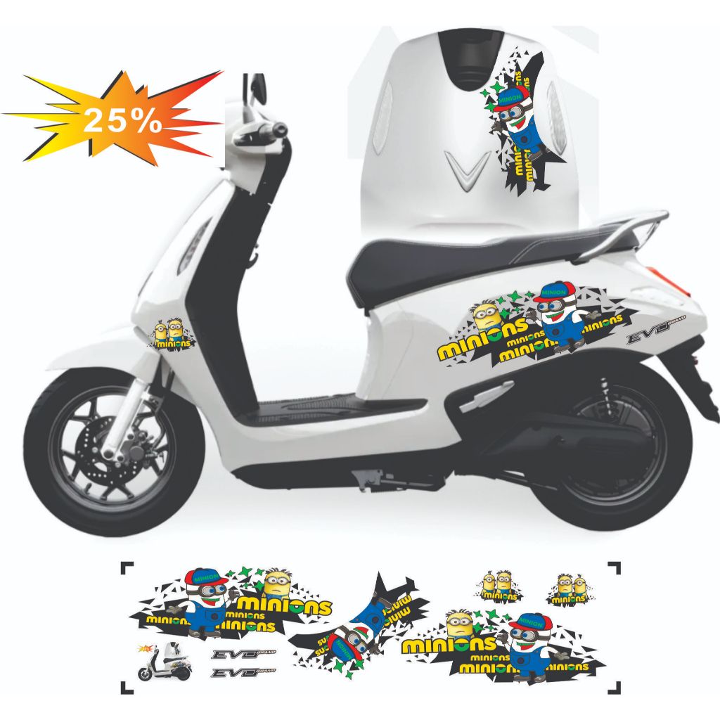 Tem dán xe EVO  200  - EVO LITE NEW - EVO GRAND - EVO MAX , mẫu Tem Minions thiết kế đẹp , tem 3 lớp
