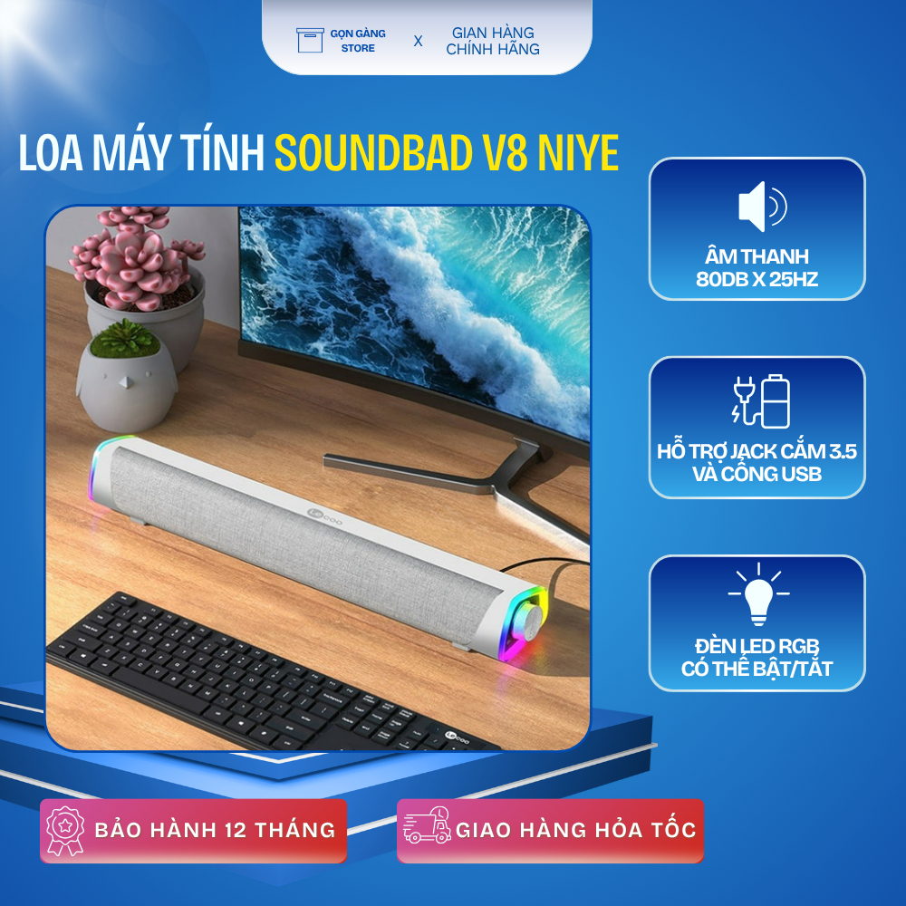 Loa Máy Tính Soundbar V8 NIYE, Âm Thanh HIFI Sống Động, LED RGB Đổi Màu, Màng Vải Cao Cấp, Dùng Cho 