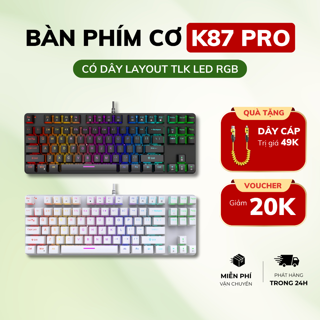 Bàn Phím Cơ Có Dây K87 Pro LED RGB 16 Chế Độ – Blue Switch, Layout 87 Phím TKL, Keycap Xuyên Led