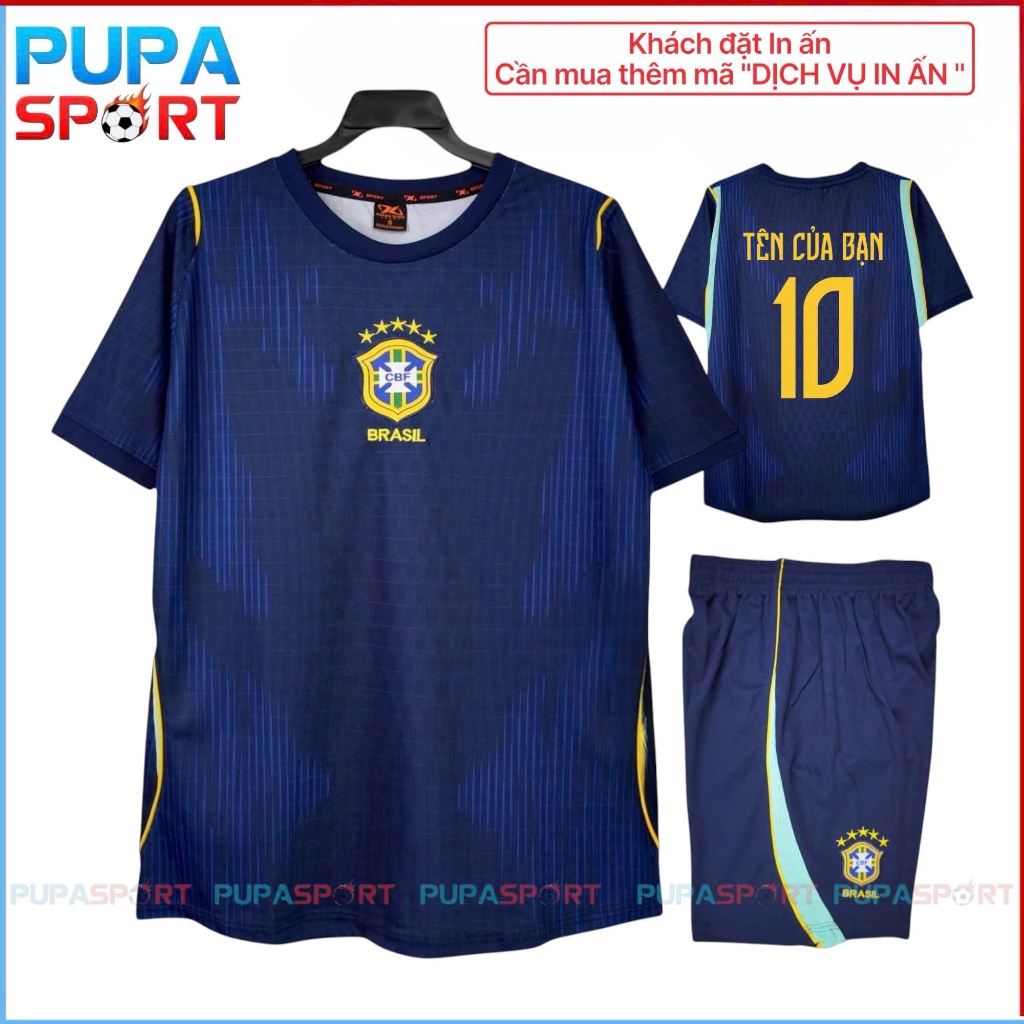 Bộ Đồ Đá Banh Hd, Tuyển Brazil Sân Khách Wc 2026 - Xanh Đen, Vải Mè Cho Nam Nữ, Có In Tên Unisex Top