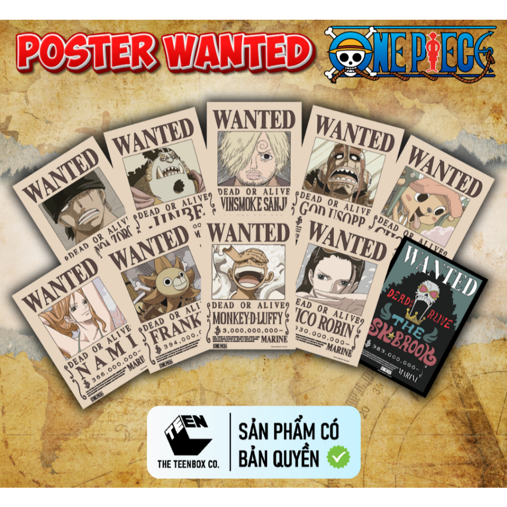 Combo 10 Poster, 5 Poster Truy Nã One Piece V2 (A3)– Wanted One Piece, Hàng Chính Hãng TEENBOX