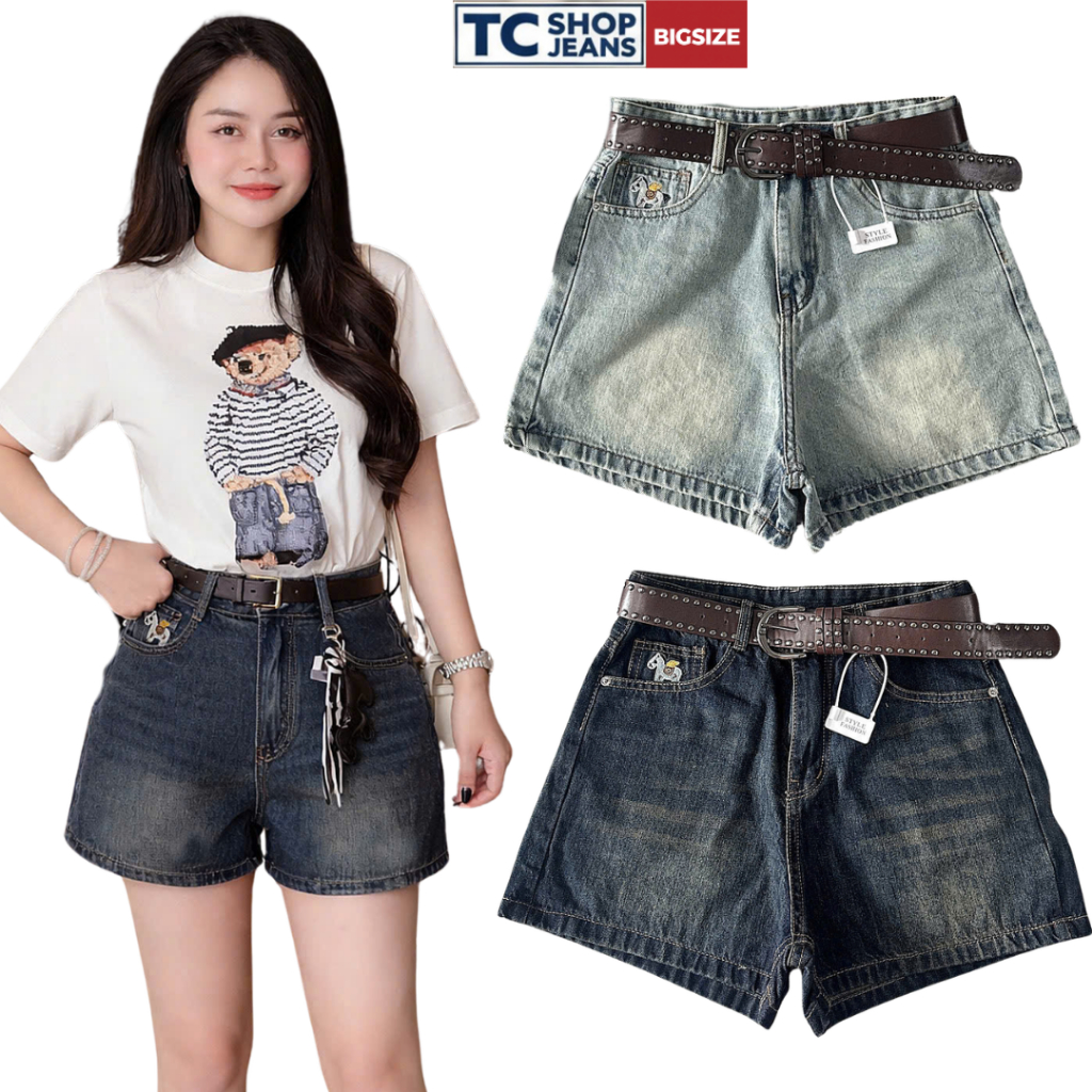 Quần short jean nữ thêu ngựa trắng 2 mặt lưng cao TC SHOP JEANS bigsize 55-90kg chất jean mềm MS 131