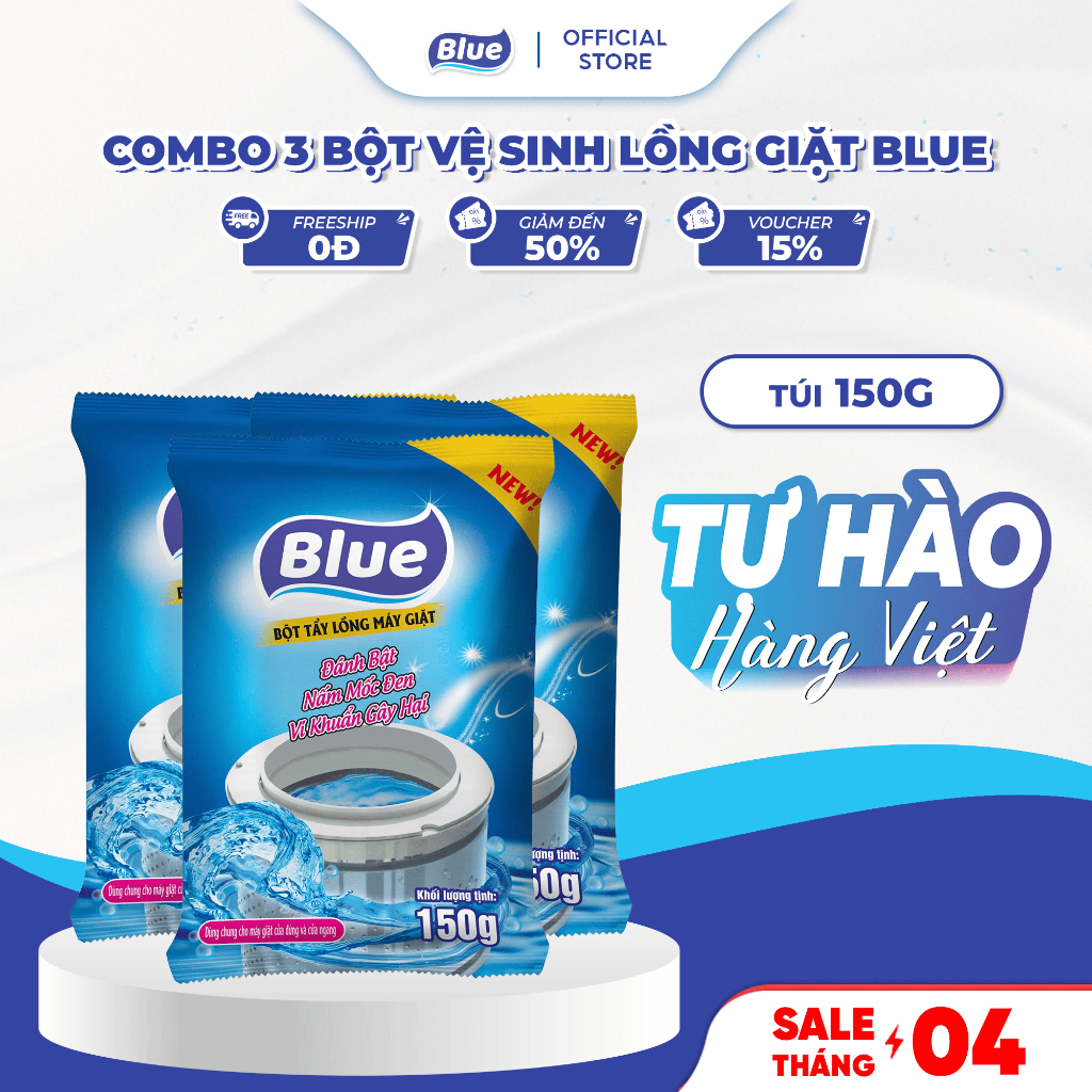 [Combo 3] Bột Tẩy Lồng Blue 150g, Đánh Bay Nấm Mốc, Diệt Khuẩn, Tăng Tuổi Thọ Máy Giặt