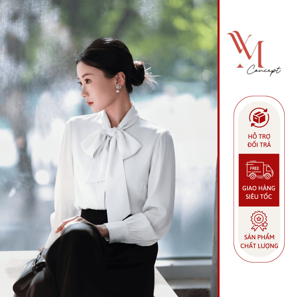 YM Concept Áo Sơ Mi Tay Phồng Cột Nơ Cổ - Kiểu Áo Nữ Công Sở Thanh Lịch A1633