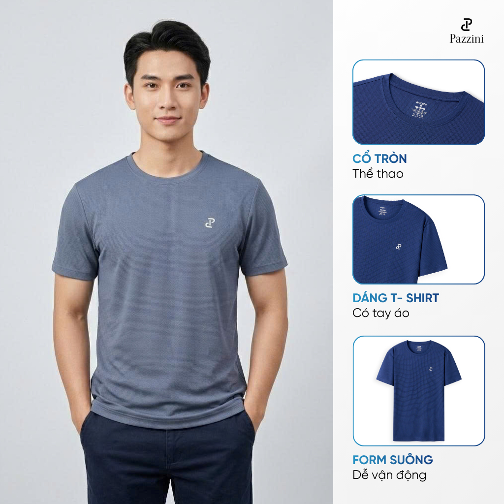 Áo thun nam thể thao PAZZINI TS002 vải thông hơi thoáng mát co giãn tốt dáng suông cổ tròn