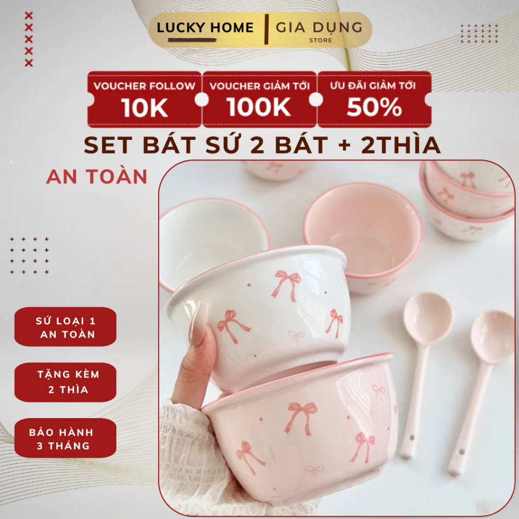 SET 2 BÁT SỨ Kèm Thìa LUCKYHOME Hình Cute Dễ Thương 4 chi tiết, Bát Sứ hoạt hình