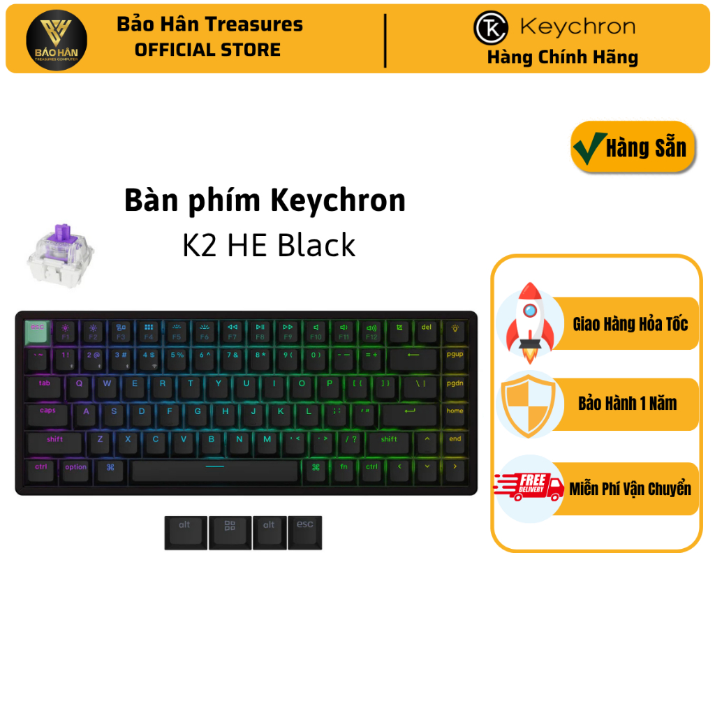 Bàn Phím Custom Keychron K2 HE Wireless Magnetic Switch , 1000 Hz Polling Rate, Black | K2H-J1 - Hàn