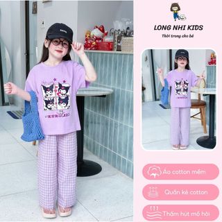 Set Bộ Áo Cộc Quần Xuông Kẻ Hình In Hình 4 KUROMI Siêu Ngầu Chất Mềm Mát Cho Bé Gái Size 18-40Kg LONGNHIKIDS BG162
