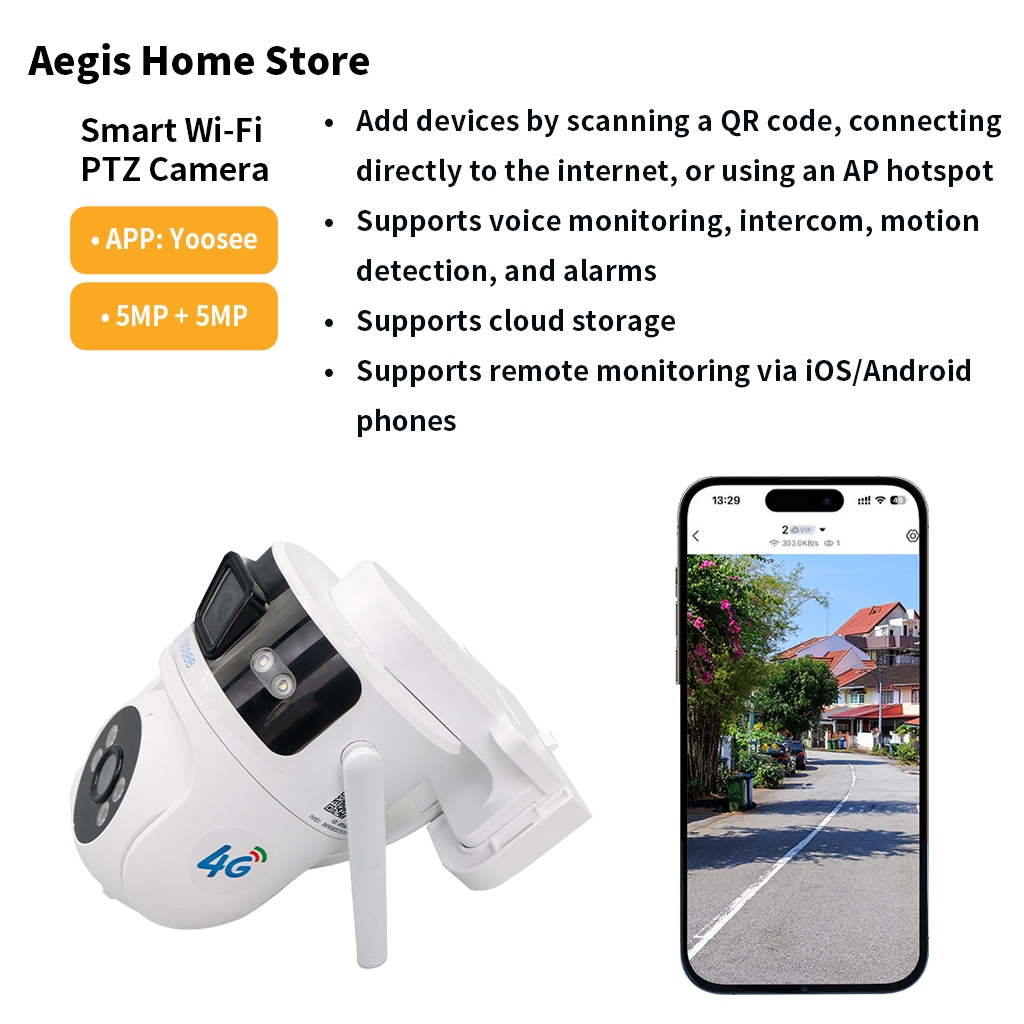 Aegis Home Store 5mp+5mp FREE 4G SIM yoosee camera camera ngoài trời webcam camera yoosee 2 mắt