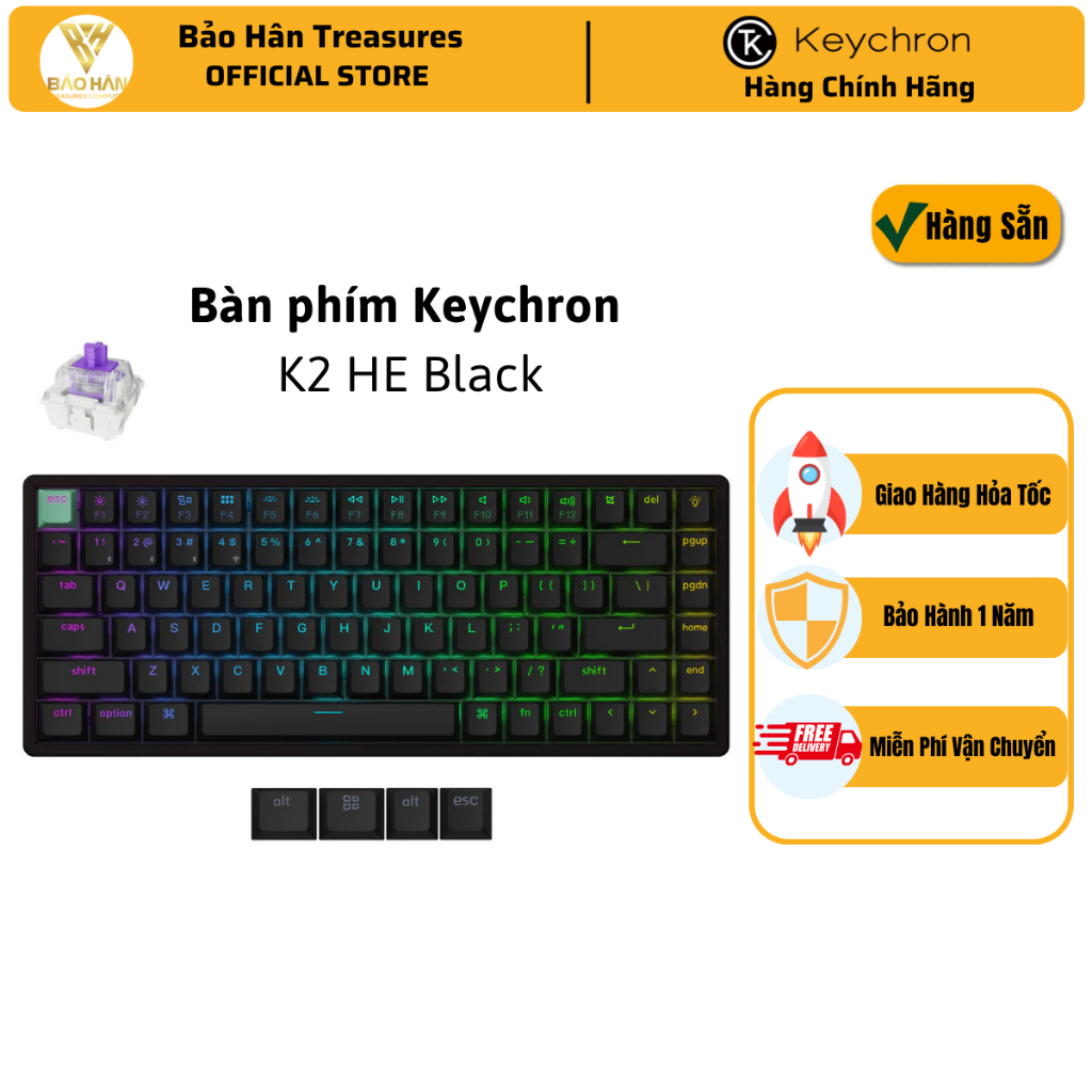 Bàn Phím Cơ Keychron K2 HE Wireless Magnetic Switch , 1000 Hz Polling Rate, Black | K2H-J1 - Hàng Ch