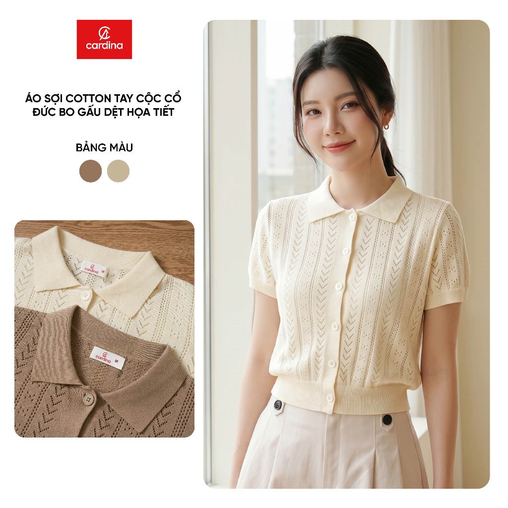 Áo polo nữ CARDINA chất liệu dệt sợi cotton tay cộc cổ đức bo gấu dệt họa tiết 6ALC03