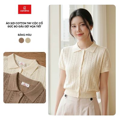 Áo polo nữ CARDINA chất liệu dệt sợi cotton tay cộc cổ đức bo gấu dệt họa tiết 6ALC03