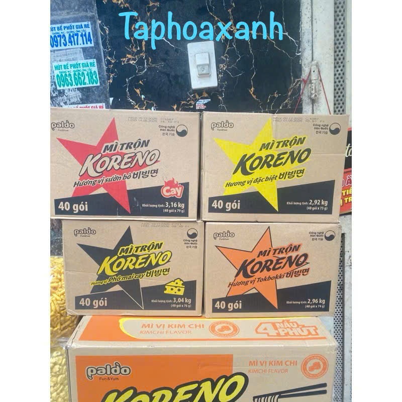 Thùng 40 Gói Mì Trộn Koreno Hàn Quốc 4 Vị: Tokbokki, Sườn Bò, Đặc Biệt, Phô Mai Cay (73-79Gam/Gói)