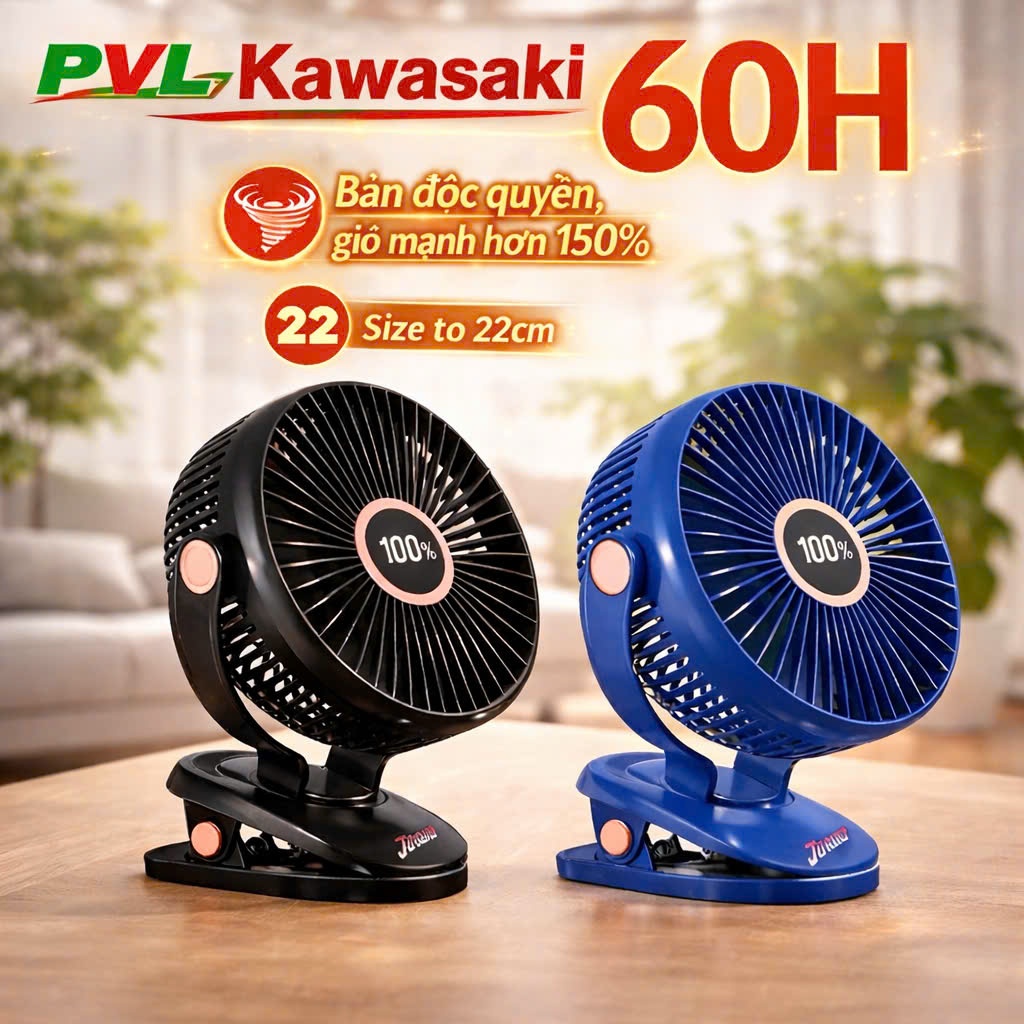 Quạt Tích Điện Kẹp PVL - LOẠI TO Q28 - JH-022, Hiện thị %pin siêu trâu 60 GIỜ, Lồng quạt 20cm - BẢO HÀNH 24 THÁNG
