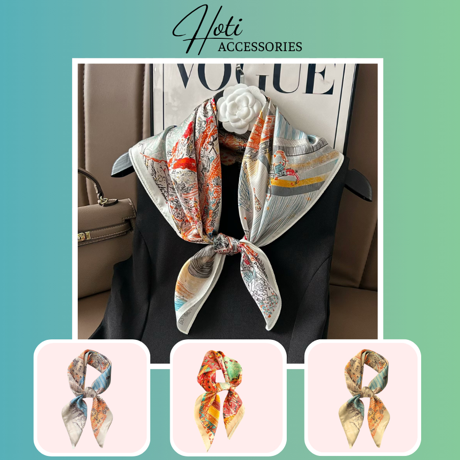 Khăn Choàng Cổ Nữ, Lụa Satin Họa Tiết Bản Đồ Phối Màu Pastel Nhẹ Nhàng, Dùng Đi Làm - Đi Chơi - Du L