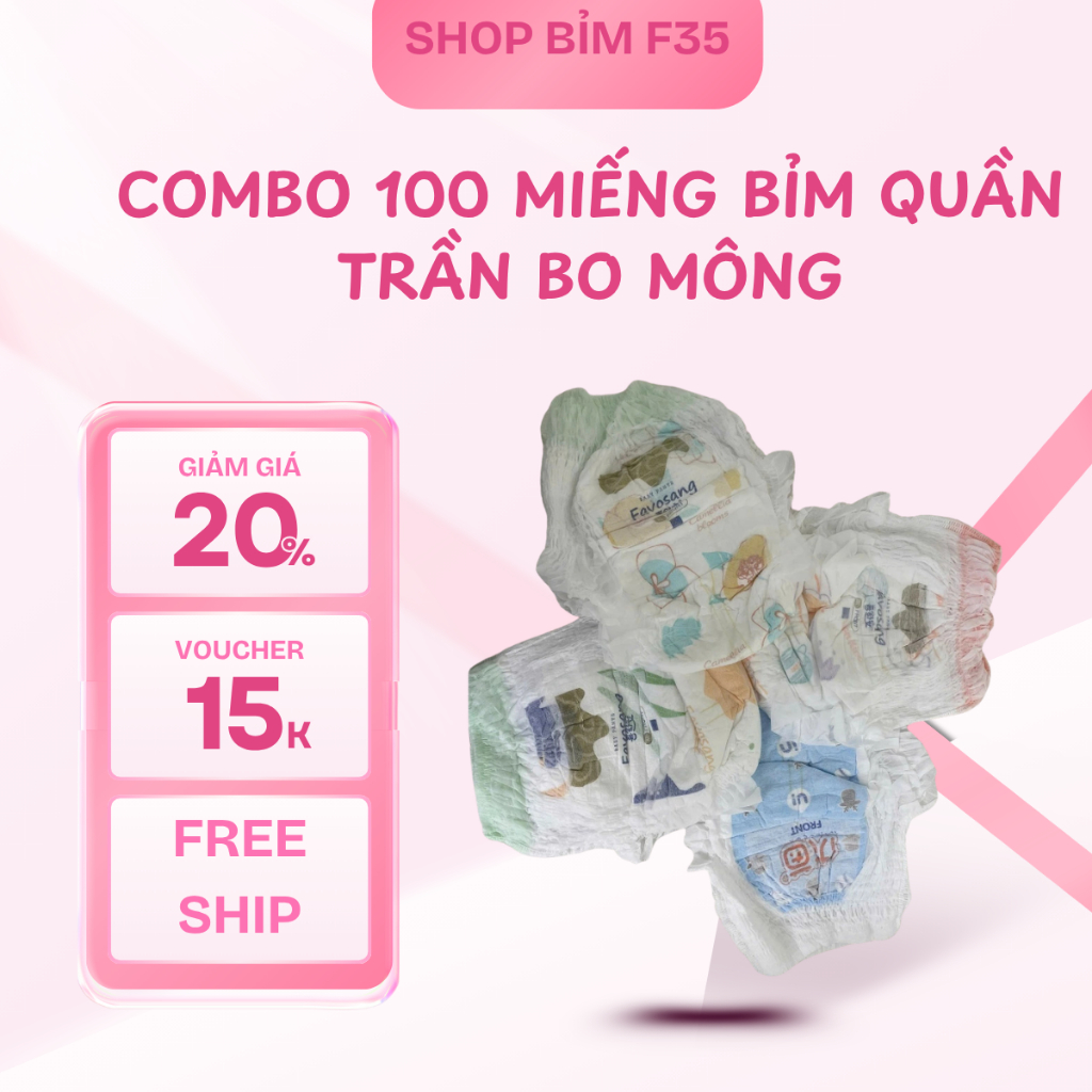 Combo 100 miếng tã bỉm quần trẻ em form bo mông , quần trần, free ship , xuất nhật ,thấm hút, mềm mạ