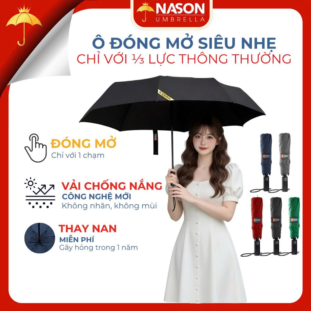 Ô dù che mưa, che nắng tự động cao cấp Nason Smoothy, đóng mở siêu nhẹ trên 1000 lần, ngăn 99%UV