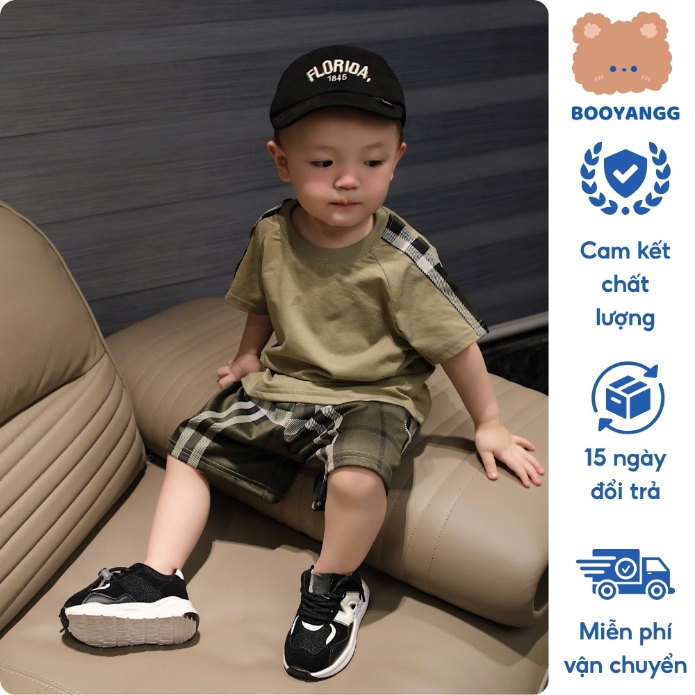 Set Đồ Bộ Bé Trai Cộc Tay Vải Cotton Phối Caro Sang Trọng, Bộ Quần Áo Bé Trai Năng Động Cho Bé Từ 9-20kg
