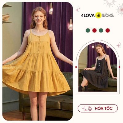 Váy đũi 2 dây 4LOVA  chất đũi tơ siêu mát đầm hai dây babydoll phối cúc ngực vintage EVA094