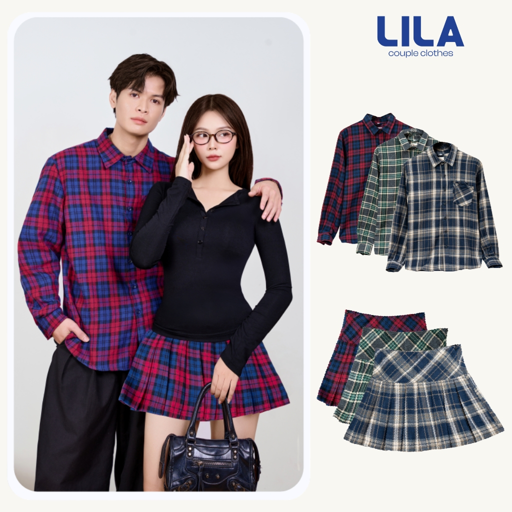 Set áo sơ mi phối chân váy ngắn xếp li kẻ caro Cozy Lila cá tính, set couple đồ đôi chất liệu cotton