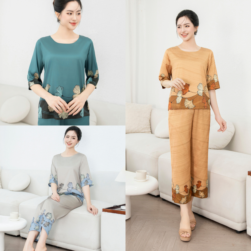 Đồ bộ trung niên tặng mẹ cao cấp LYBEE LS017 chất lụa in thoáng mát, thoải mái size 45-75kg