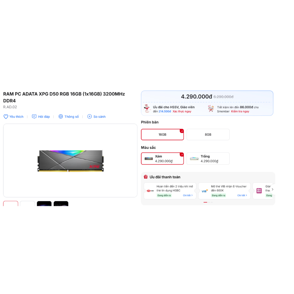 Ram máy tính Adata XPG Spectrix D50 16GB 3200 DDR4 RGB - Hàng chính hãng- Mới 100% Màu Xám đen