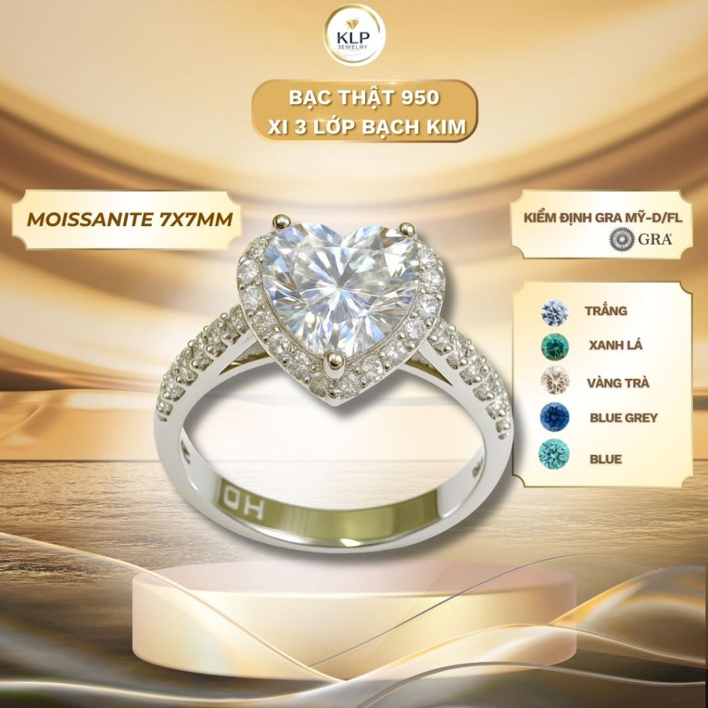 Nhẫn bạc nữ đá Moissanite trái tim 7x7mm D/FL GRA Bạc Ý 950 xi bạch kim sáng bóng, Nhẫn bạc xi vàng 