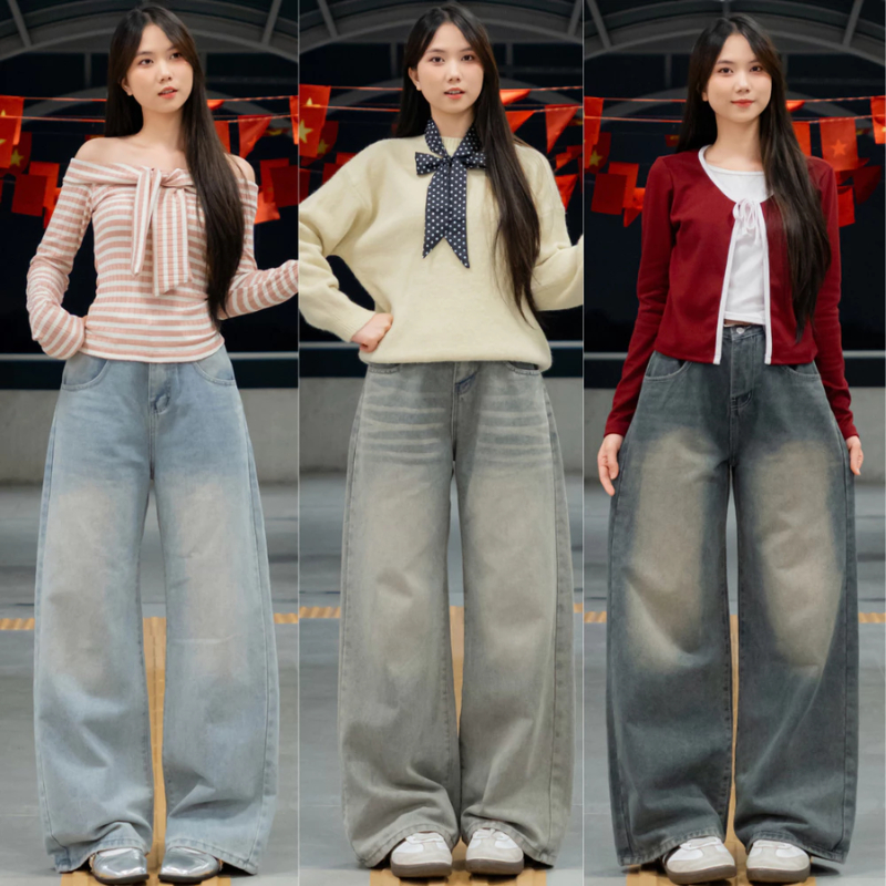 Quần Jeans Ống Suông Rộng Đứng MIAA Cạp Cao Màu RETRO , Quần Bò Ống Rộng Chất Jean Mềm Form Unisex_V