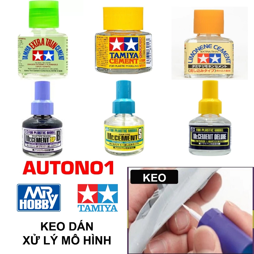 Các loại keo dán mô hình chuyên dụng – Mr.Hobby (Cement S/SP), Tamiya Extra Thin cement, Deli đa năn