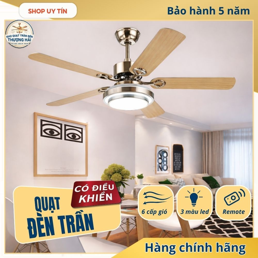 [Có Chốt An Toàn - Động Cơ Lõi Đồng ]Quạt Trần Đèn, 5 Cánh KP500 , 6 Cấp Độ Gió , Điều Khiển Từ Xa