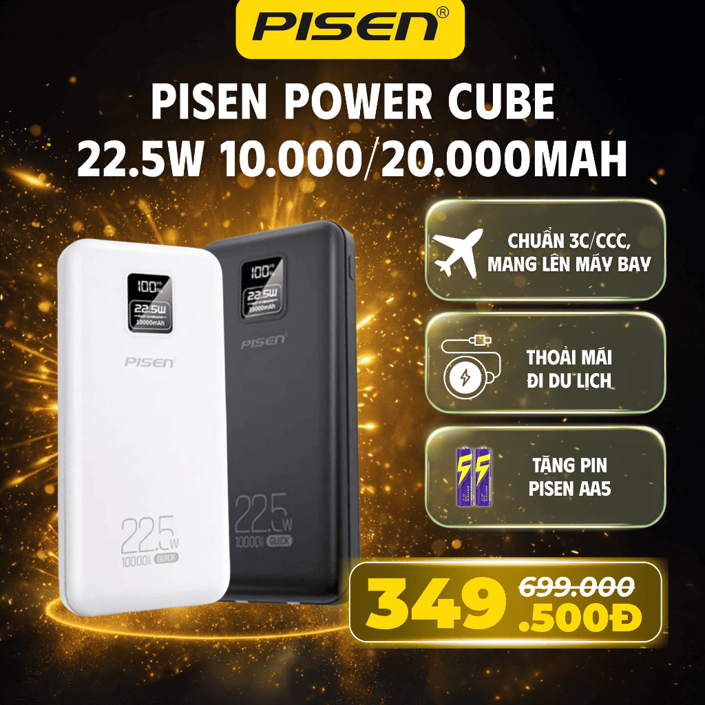 PISEN Sạc Dự Phòng 10.000/20.000mAh 22.5W Sạc Nhanh PD, Tích Hợp Cáp Sạc TS-D193/TS-D194
