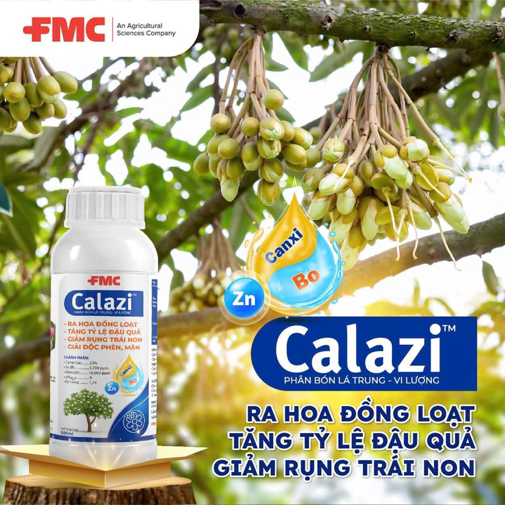 Phân bón lá Calazi FMC bổ sung Canxi – Bo – Kẽm giúp cây ra hoa đồng loạt, tăng đậu trái, hạn chế rụ
