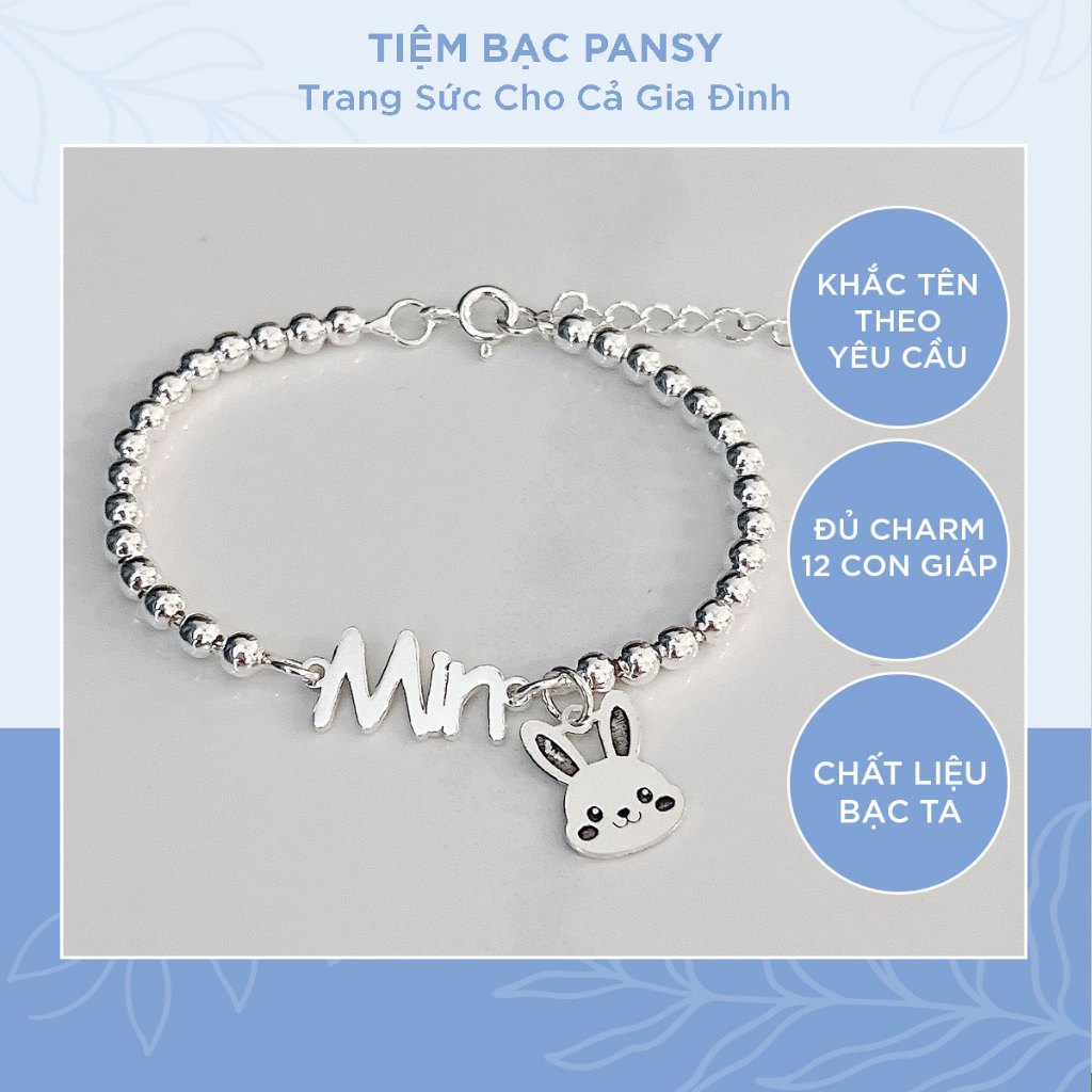 Lắc tay trẻ em khắc tên dạng chuỗi bi bạc ta cao cấp - TIÊM BẠC PANSY